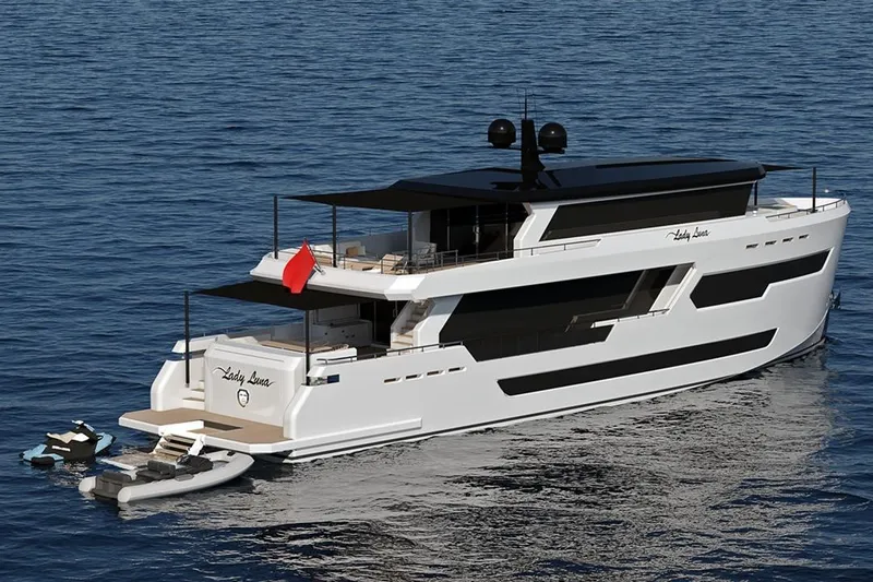  Yacht Photos Pics Luxury KRC Yachting KRC 100 yacht, 2027 model, cruising on open water.