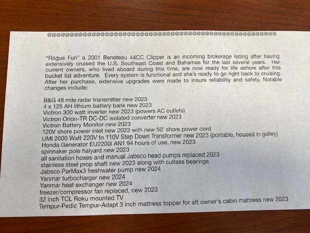 Rogue Fun Yacht Photos Pics 2001 Beneteau Oceanis 44 CC yacht listing with extensive upgrades and new equipment for sale.