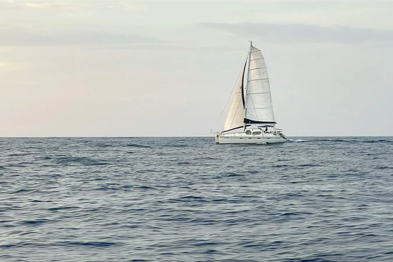 Sailing catamaran Privilege 435 from 2001 on open sea at sunset.