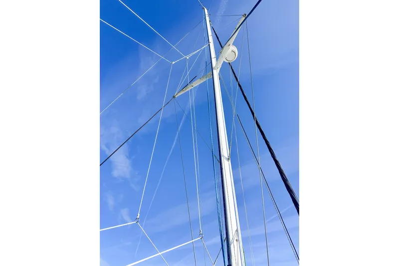 Mystic Yacht Photos Pics Sailboat mast and rigging against a clear blue sky, Privilege 435, 2001 model.