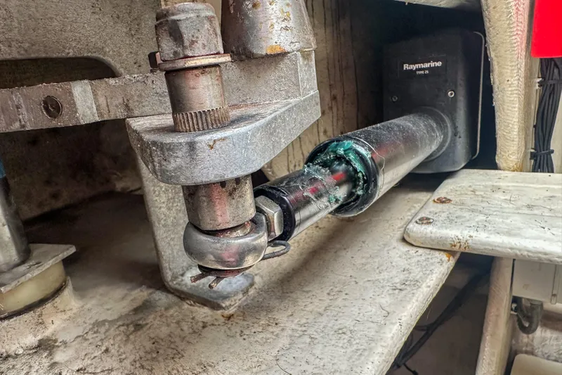 Mystic Yacht Photos Pics Steering mechanism of a 2001 Privilege 435 yacht with Raymarine Type 2S autopilot.