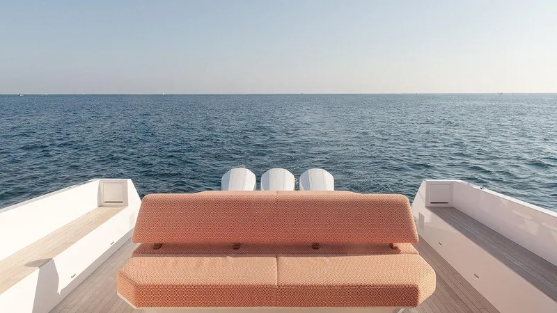  Yacht Photos Pics 2024 Delta Powerboats 60 Open, rear view, ocean backdrop, luxury seating.