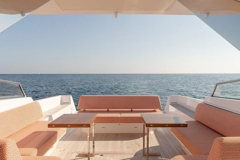  Yacht Photos Pics 2024 Delta Powerboats 60 Open yacht with elegant seating, ocean view, and modern design.