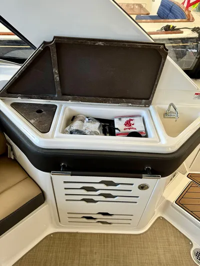  Yacht Photos Pics 2018 Sea Ray SLX 310 boat interior with storage compartment and seating.