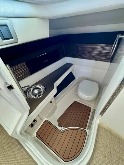  Yacht Photos Pics 2018 Sea Ray SLX 310 boat interior bathroom with sink and toilet.