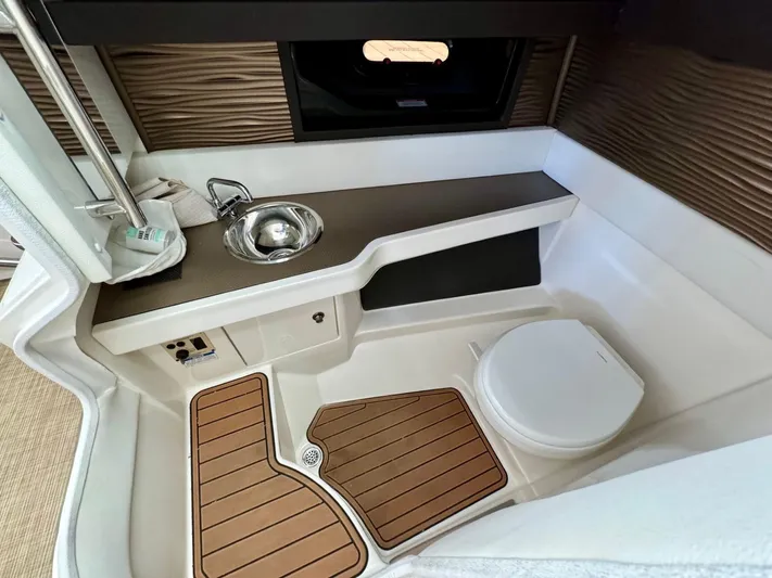  Yacht Photos Pics 2018 Sea Ray SLX 310 boat interior bathroom with sink and toilet.