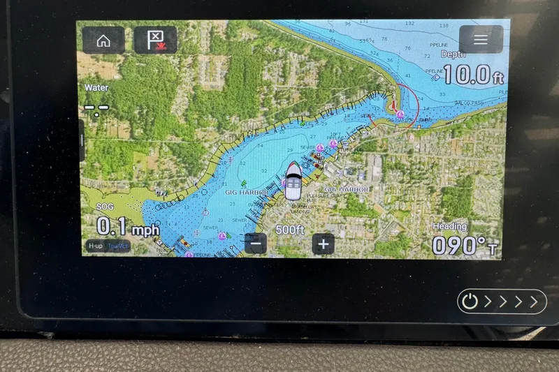  Yacht Photos Pics GPS navigation screen on a 2018 Sea Ray SLX 310 boat.