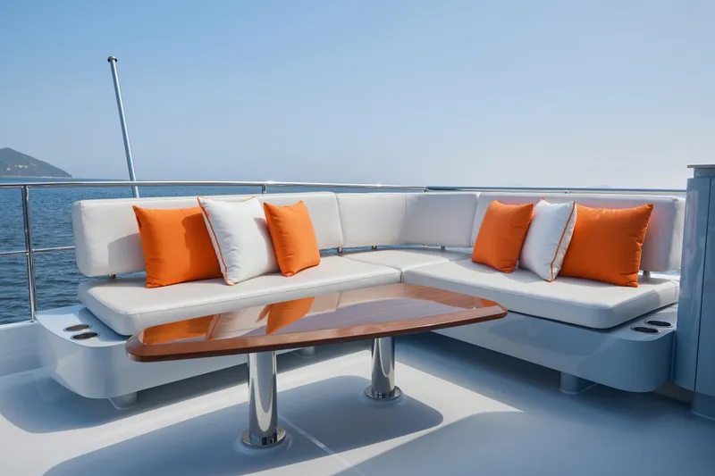  Yacht Photos Pics 2024 CL Yachts CLB65 yacht deck with white seating, orange cushions, and wooden table.