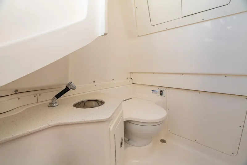 Hi Ho Silver Yacht Photos Pics 2022 Robalo R302 Center Console boat bathroom with toilet and sink.