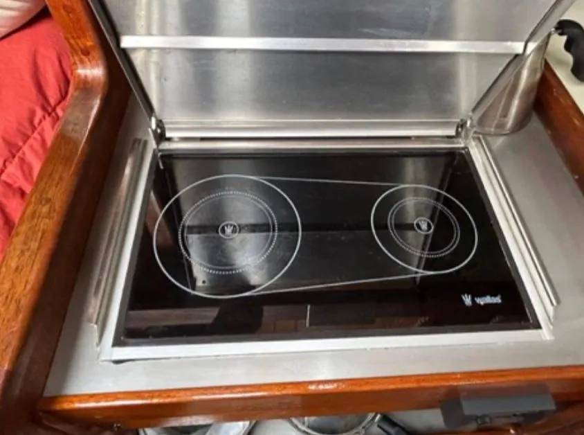 Stainless steel stove in a 1982 Bristol Channel Cutter 28 yacht kitchen.
