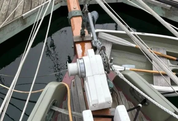 Bow of 1982 Bristol Channel Cutter 28 with rigging and anchor detail.