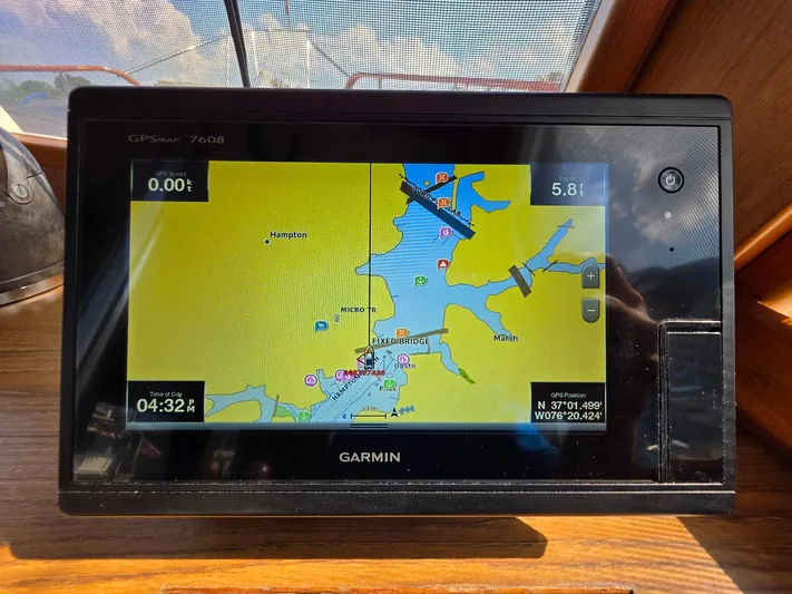 Kokomo Yacht Photos Pics Garmin GPS display on 1993 Grand Banks 42 Classic, showing navigation map and coordinates.