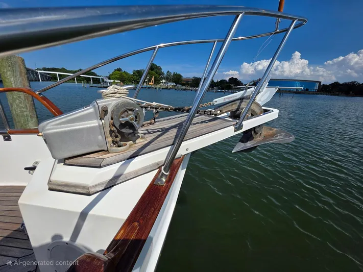 Kokomo Yacht Photos Pics Bow of 1993 Grand Banks 42 Classic yacht with anchor and winch system.