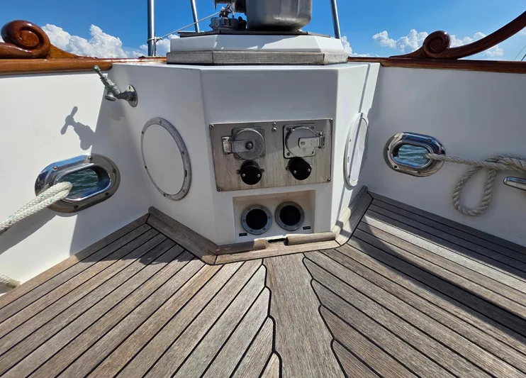 Kokomo Yacht Photos Pics Deck of 1993 Grand Banks 42 Classic yacht with wooden flooring and nautical equipment.