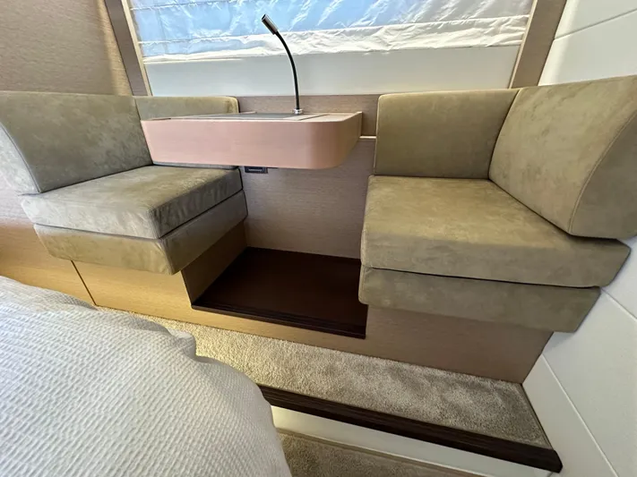  Yacht Photos Pics Interior seating area of a 2017 Prestige 500 yacht with modern design.