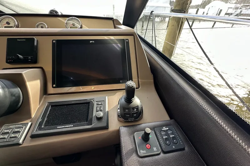  Yacht Photos Pics Control panel of a 2017 Prestige 500 yacht with navigation equipment.
