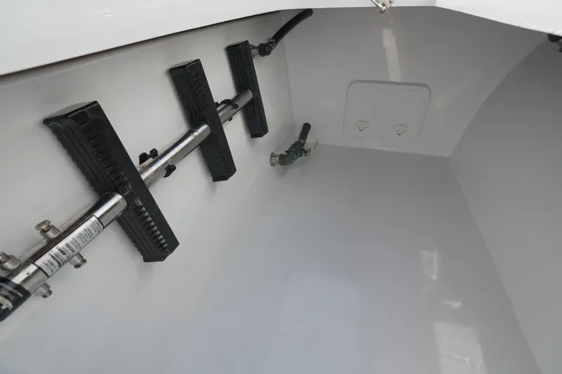  Yacht Photos Pics Interior view of 2024 Freeman 42 boat compartment with hydraulic components.