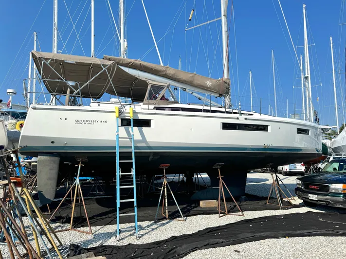 Leopolis Yacht Photos Pics 2019 Jeanneau Sun Odyssey 440 sailboat on a dry dock.