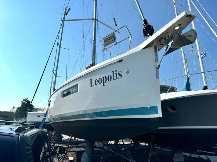 Leopolis Yacht Photos Pics 2019 Jeanneau Sun Odyssey 440 Performance sailboat named "Leopolis" on dry dock.