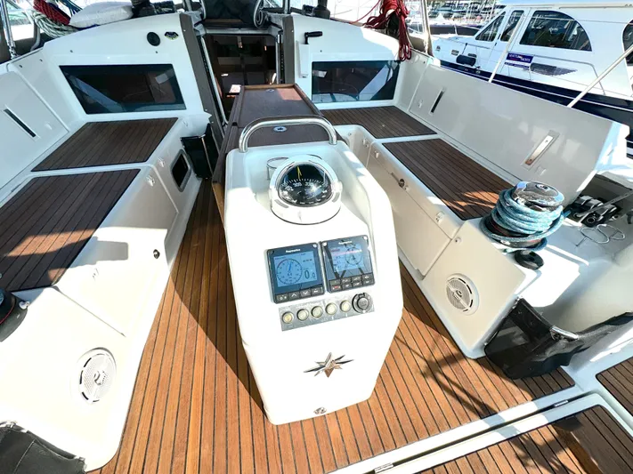 Leopolis Yacht Photos Pics Cockpit of 2019 Jeanneau Sun Odyssey 440 Performance sailboat with navigation instruments.