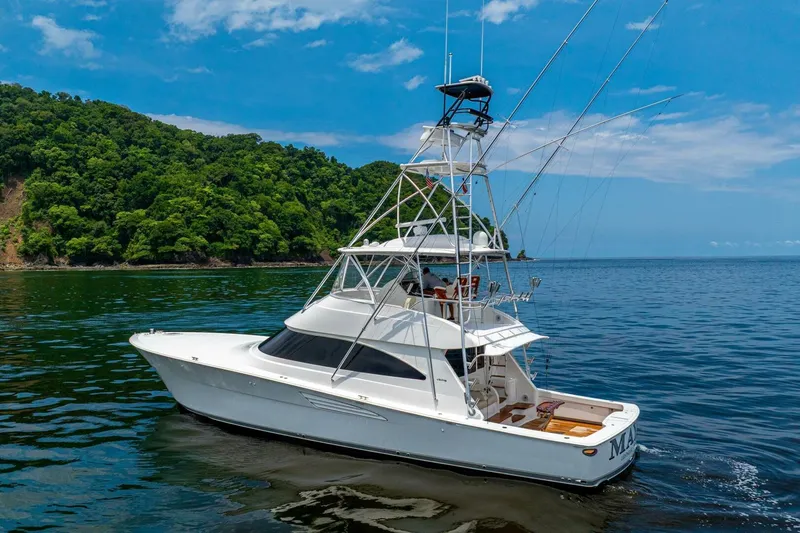 Galati Yacht Sales Trade Yacht Photos Pics 2021 Viking 58 Convertible yacht cruising near lush green coastline under blue sky.