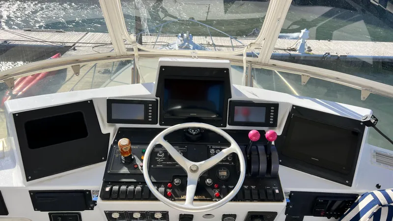 La Vie Dansante Yacht Photos Pics Cockpit of 1998 Little Harbor WhisperJet 55 with navigation controls and displays.