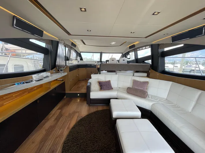 Kings' Ransom Yacht Photos Pics Luxurious interior of 2017 Sea Ray L590 Fly yacht with modern furnishings and panoramic windows.