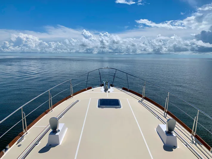 Bira Yacht Photos Pics Bow view of 2006 Grand Banks 49 Eastbay SX yacht on calm ocean.