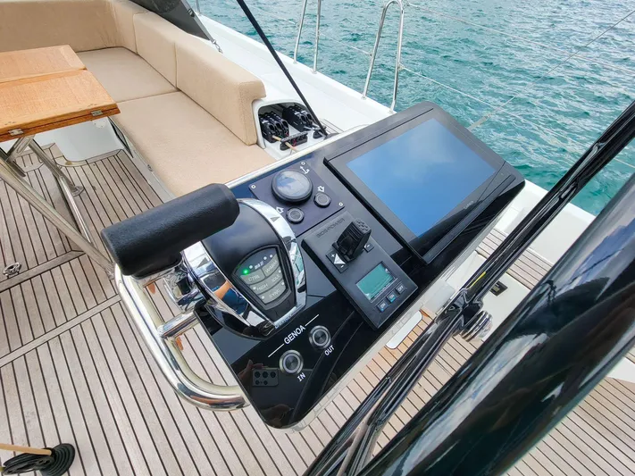  Yacht Photos Pics 2023 Beneteau First 53 yacht helm with modern navigation controls and seating.