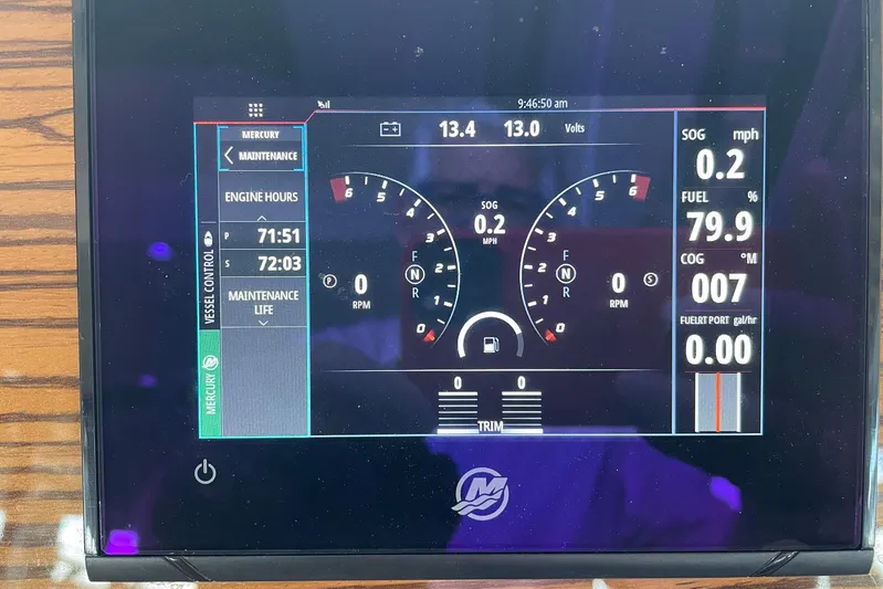  Yacht Photos Pics Dashboard display of a 2014 Grady-White Freedom 335 boat showing engine metrics.