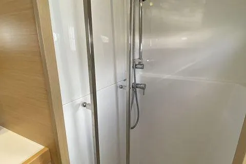Seafox 1 Yacht Photos Pics Shower area in 2015 Lagoon 400 S2 yacht, featuring sleek modern design.