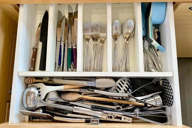 Seafox 1 Yacht Photos Pics Drawer with assorted cutlery and utensils in a Lagoon 400 S2, 2015 model.