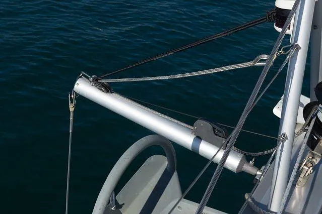 Seafox 1 Yacht Photos Pics 2015 Lagoon 400 S2 sailboat rigging detail over calm blue water.
