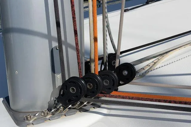 Seafox 1 Yacht Photos Pics Close-up of rigging and pulleys on a 2015 Lagoon 400 S2 sailboat.