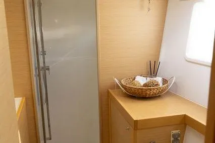 Seafox 1 Yacht Photos Pics 2015 Lagoon 400 S2 yacht bathroom with modern design and natural light.