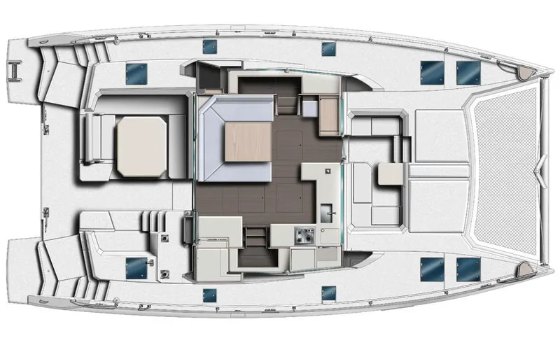 Sail La Vie Yacht Photos Pics Top view layout of 2019 Leopard 45 catamaran with detailed interior design.