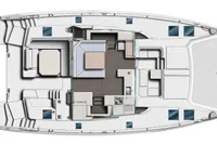 Top view of 2017 Leopard 45 catamaran layout with detailed interior design.