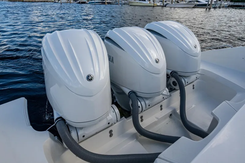 Yacht Photos Pics Triple Yamaha outboard engines on a 2022 Pursuit OS 355 Offshore boat.