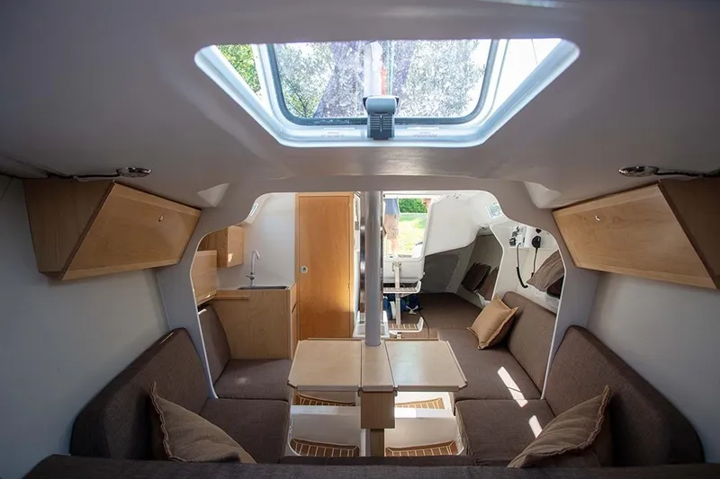 Z28 Yacht Photos Pics Luxurious interior of 2025 Zonda Yachts Z28, featuring modern design and comfortable seating.