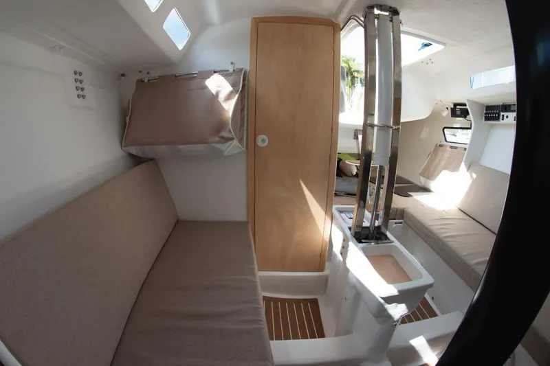 Z28 Yacht Photos Pics Interior of 2025 Zonda Yachts Z28, featuring modern seating and sleek design elements.