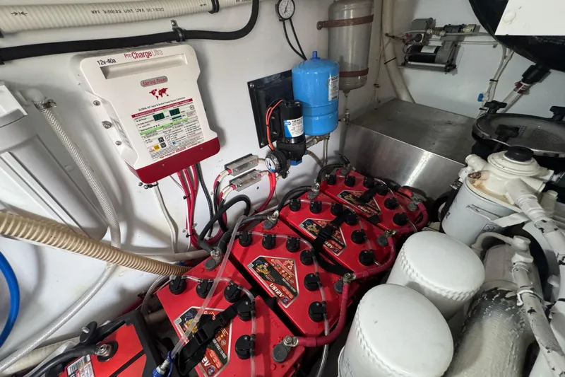 Mango Tango Yacht Photos Pics Engine room of 2014 San Juan 41 with batteries and charging system.