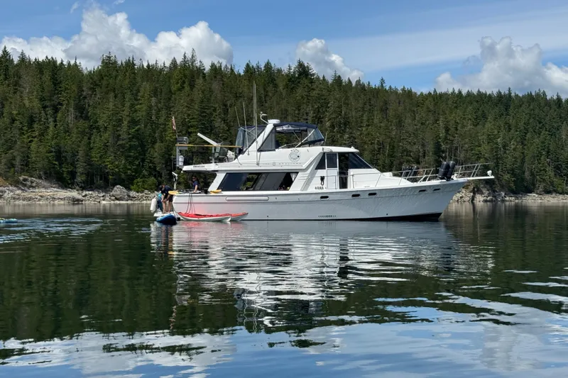 Sea Wolf Yacht Photos Pics 1994 Bayliner 4788 Pilot House Motoryacht on calm water, forested shoreline in background.