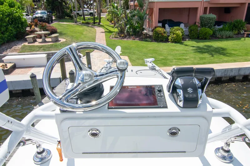  Yacht Photos Pics Boat helm of 2022 Freeman 37 VH with steering wheel and controls.