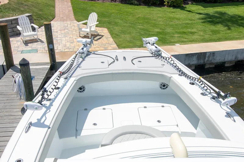  Yacht Photos Pics 2022 Freeman 37 VH boat docked, featuring spacious deck and dual trolling motors.