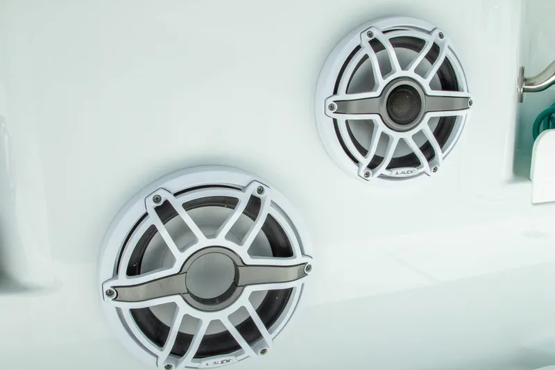  Yacht Photos Pics White JL Audio speakers on a Freeman 37 VH boat, 2022 model.