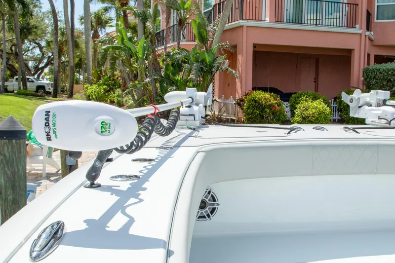  Yacht Photos Pics 2022 Freeman 37 VH boat with Rhodan GPS anchor, docked near tropical landscaping.