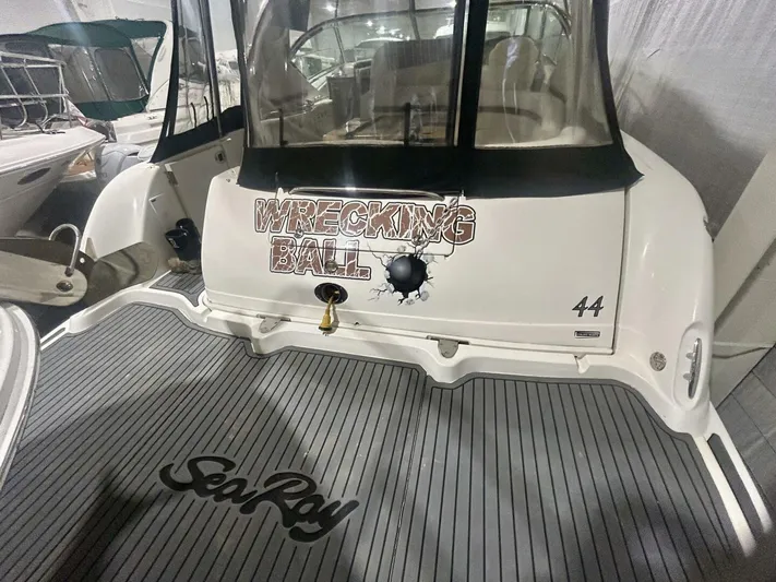  Yacht Photos Pics 2006 Sea Ray 44 Sundancer boat with "Wrecking Ball" decal on the stern.