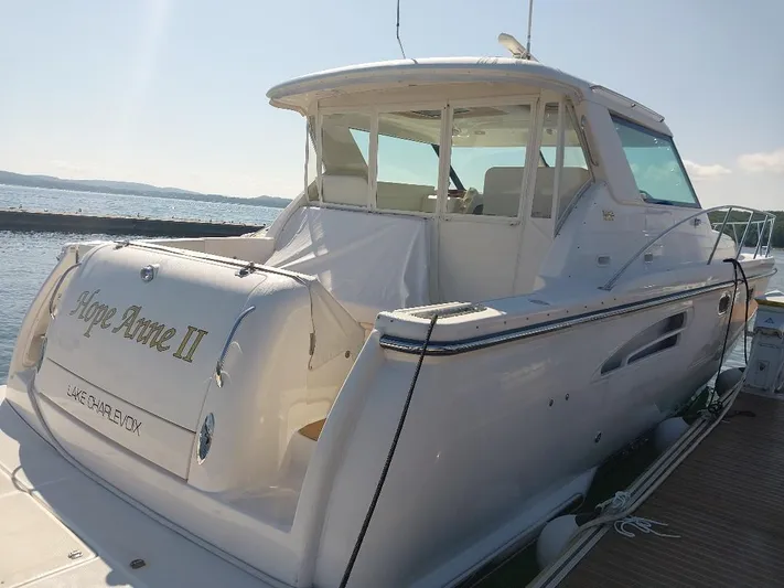 Hope Anne II Yacht Photos Pics 2003 Tiara Yachts 4400 Sovran docked, rear view, sunny day, "Hope Anne II" on stern.