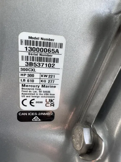  Yacht Photos Pics Label on a 2025 Caymas 281 HB boat with Mercury Marine engine specifications.