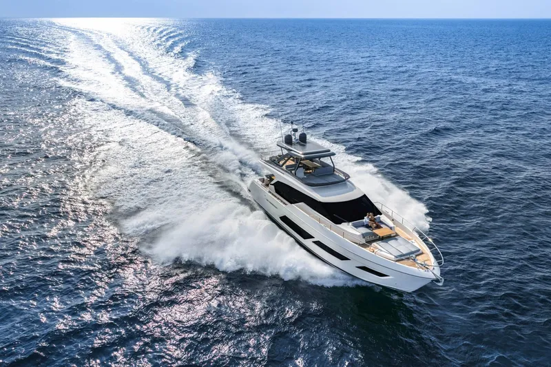 Yacht Photos Pics Luxury Ferretti Yachts 720 cruising on open sea, 2025 model.
